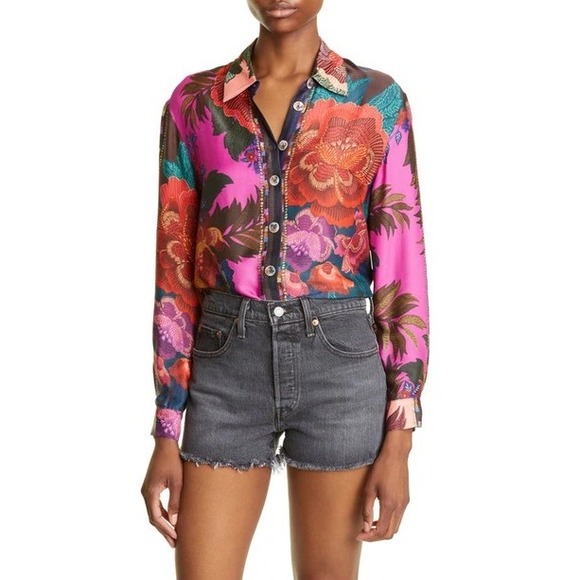 FARM Rio Women's XS Flower Scarves Long Sleeve Button Down Shirt Colorful - Picture 1 of 8